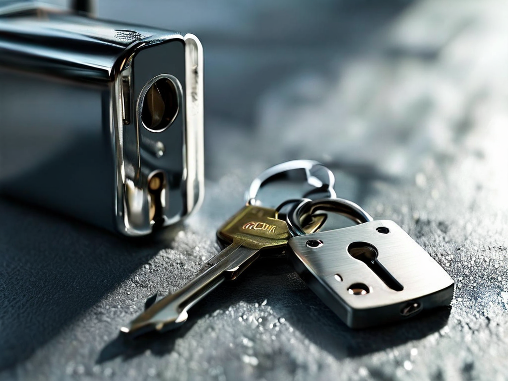 Small metal lock, closed key case, and blank security card on brushed metal surface, angled morning light, shallow depth of field.