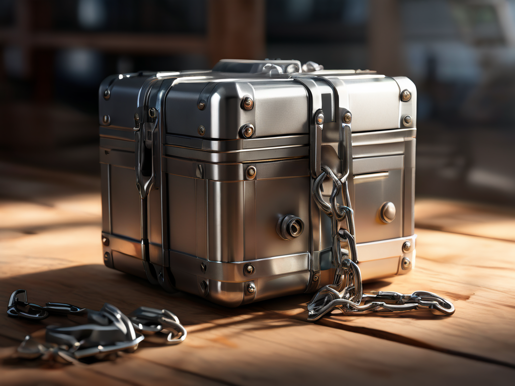 Brushed metal surface holds sealed storage case, short chain, and small blocks representing file locations in morning light.