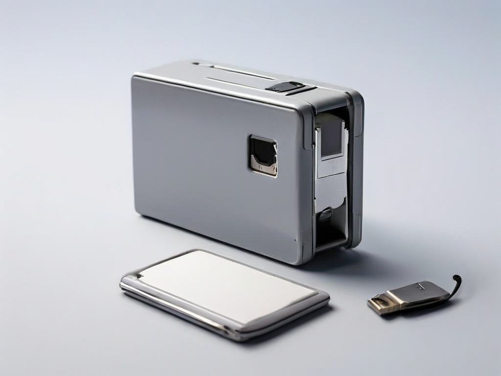 Memory card, sealed external drive, and blank photo sleeve on a gray studio surface, representing an image archive review.