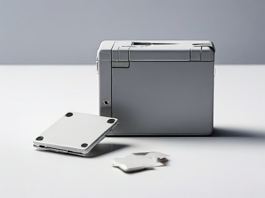 Memory card, sealed external drive, and blank photo sleeve on gray studio surface for archive review.
