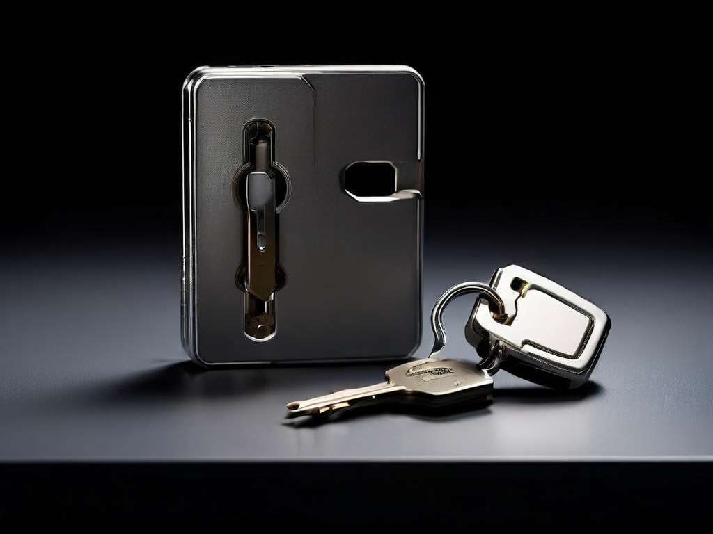 Small metal lock, closed key case, and blank security card arranged on a matte gray surface with soft side light and clean.