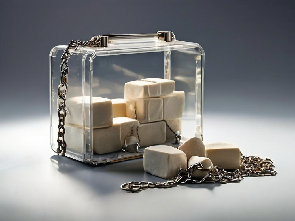 A sealed storage case with a short metal chain and small blank blocks representing file locations on a stone counter.