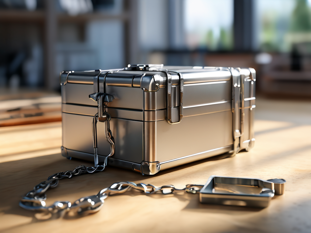 Stacked metal storage case and small file blocks on brushed steel, morning light.