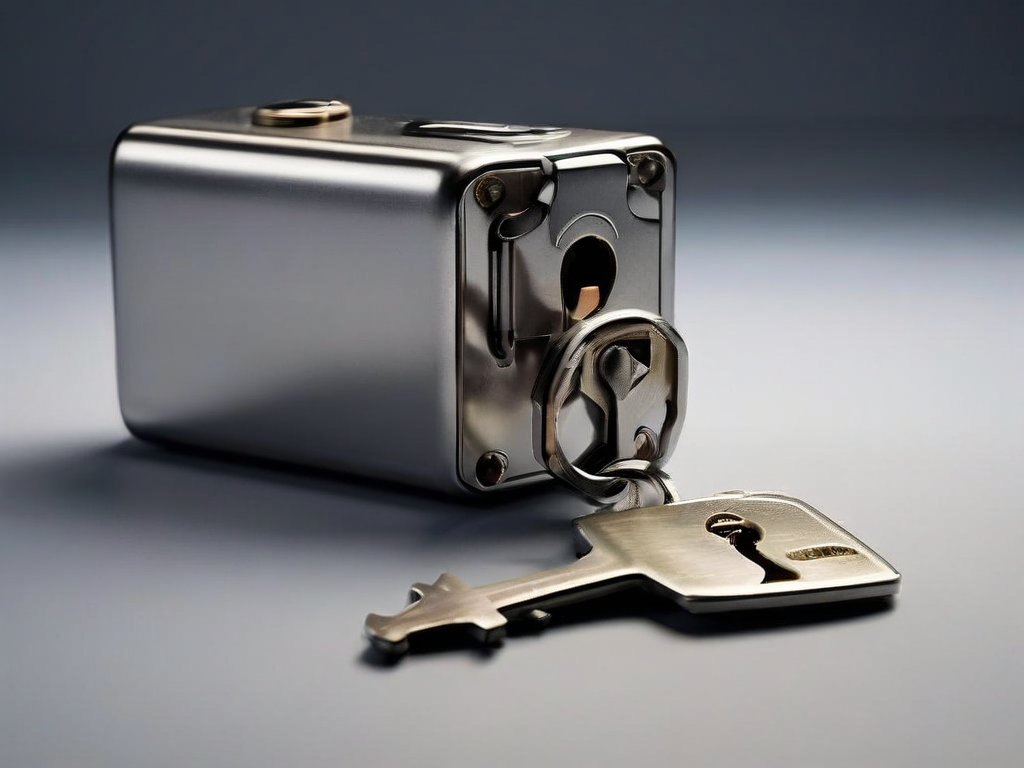 Small metal lock, closed key case, and blank security card on gray studio surface for account safety preparation.