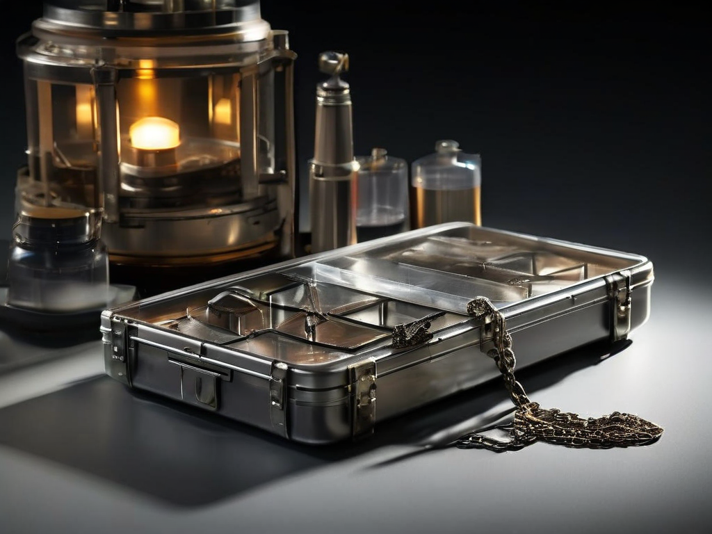 Metal storage case with chain and small stone blocks on acrylic tray, soft studio light.