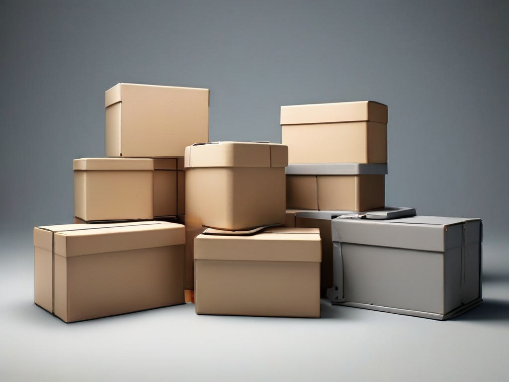 Stacked gray archive boxes with nested blank compartments, soft side light, clean shadows on a matte studio surface.