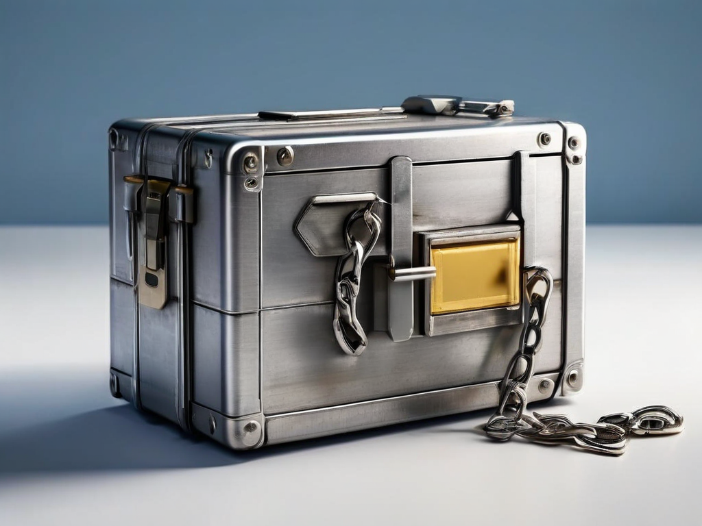Metal chain securing open storage case with scattered location blocks on brushed metal surface.