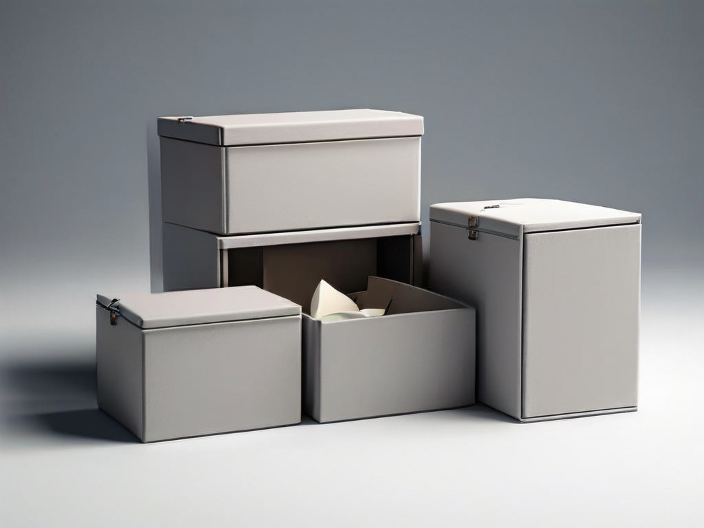 Small archive boxes with blank compartment inserts arranged on a matte gray studio surface, soft side light casting clean...