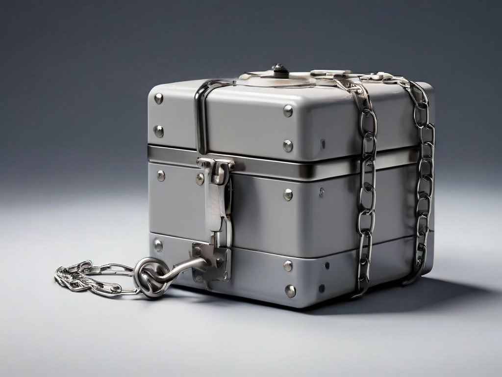 A sealed metal storage case with a short chain, beside small blank blocks on a gray studio surface.
