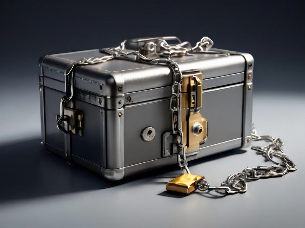 Small metal storage case with short chain and separate location blocks on matte gray surface.